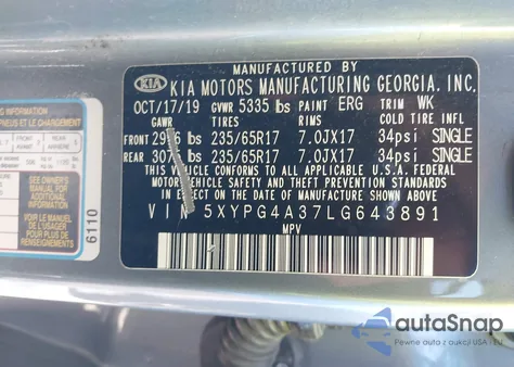 2020 Kia Sorento 2.4L Lx из США, поврежденный, VIN 5XYPG4A37LG643891